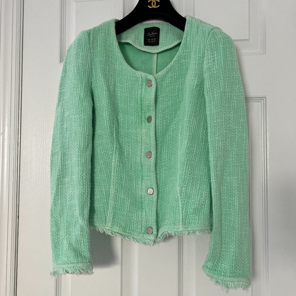 Zara Womens Blazer Coat Size S Cotton Green Tweed Unique Full Zip Metal Academia